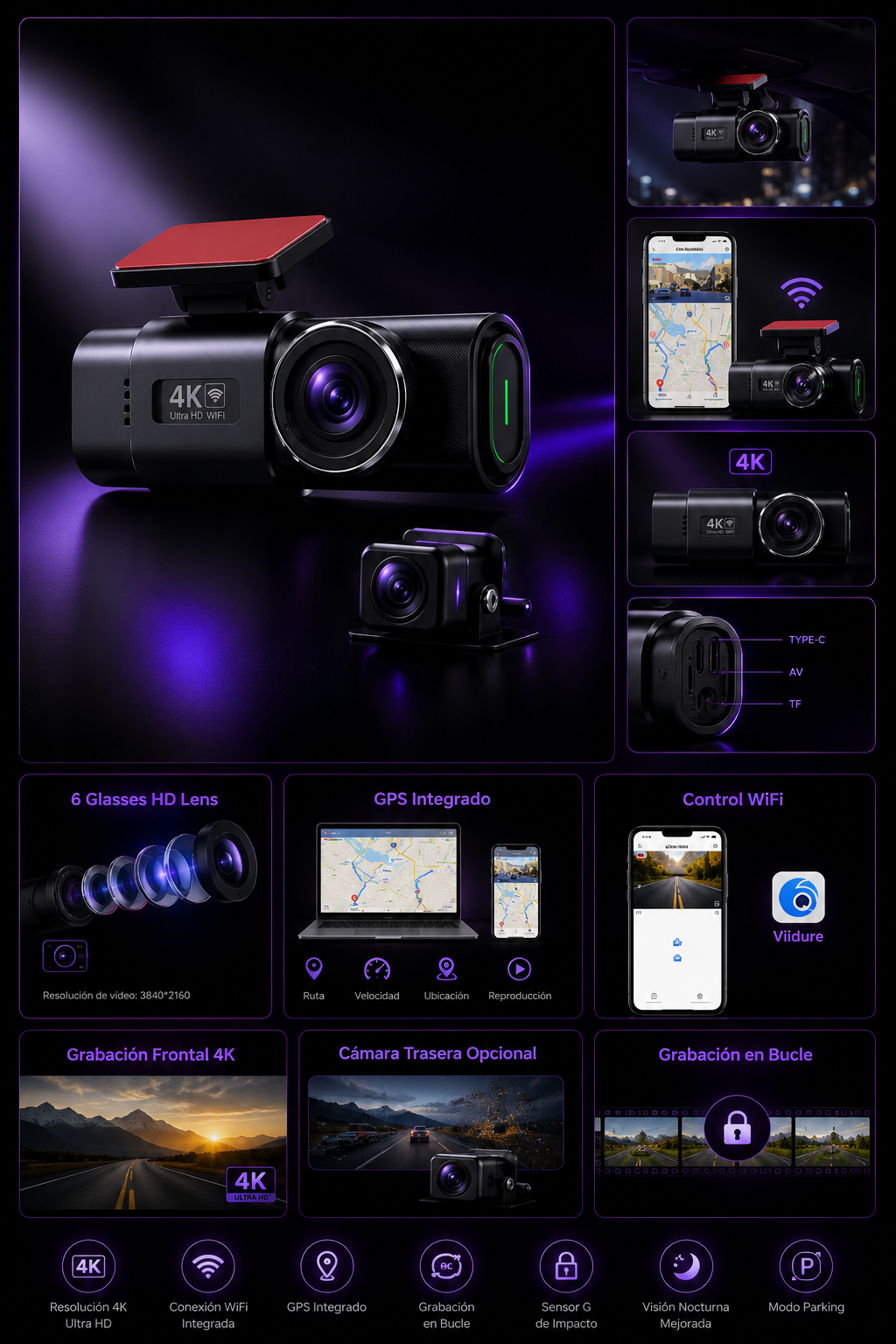 Cámara Dash Cam 4K Premium con WiFi y GPS