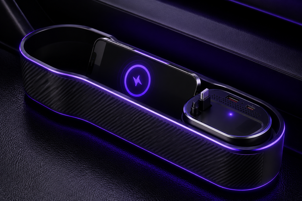 Organizador Premium de espacio entre asientos de coche con Carga Inalámbrica y Cable de Carga Rápida USB-C