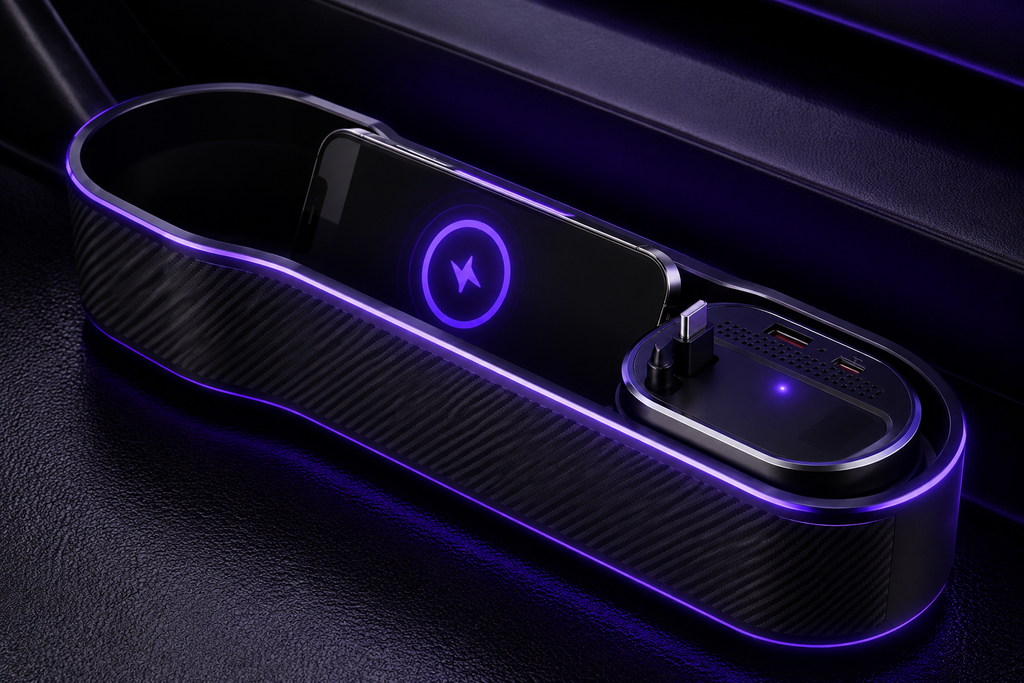 Organizador Premium de espacio entre asientos de coche con Carga Inalámbrica y Cable de Carga Rápida USB-C