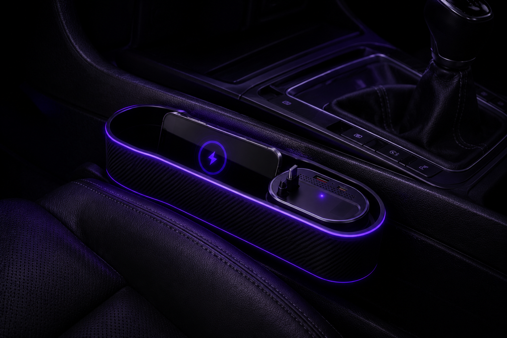 Organizador Premium de espacio entre asientos de coche con Carga Inalámbrica y Cable de Carga Rápida USB-C