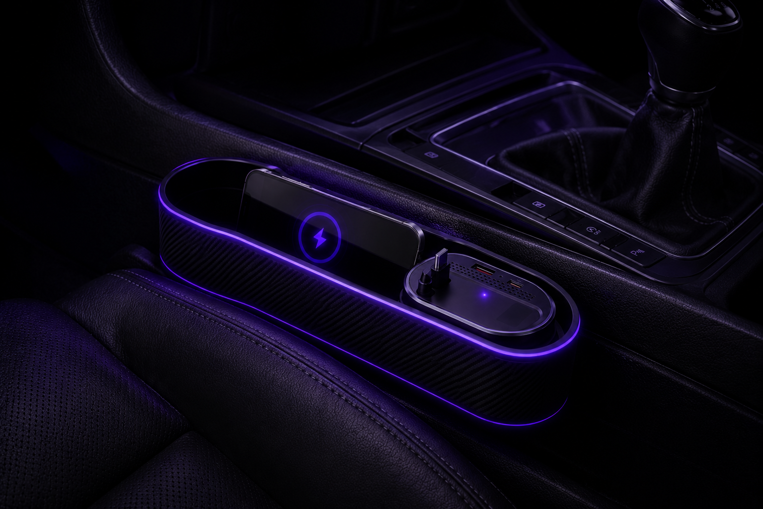 Organizador Premium de espacio entre asientos de coche con Carga Inalámbrica y Cable de Carga Rápida USB-C