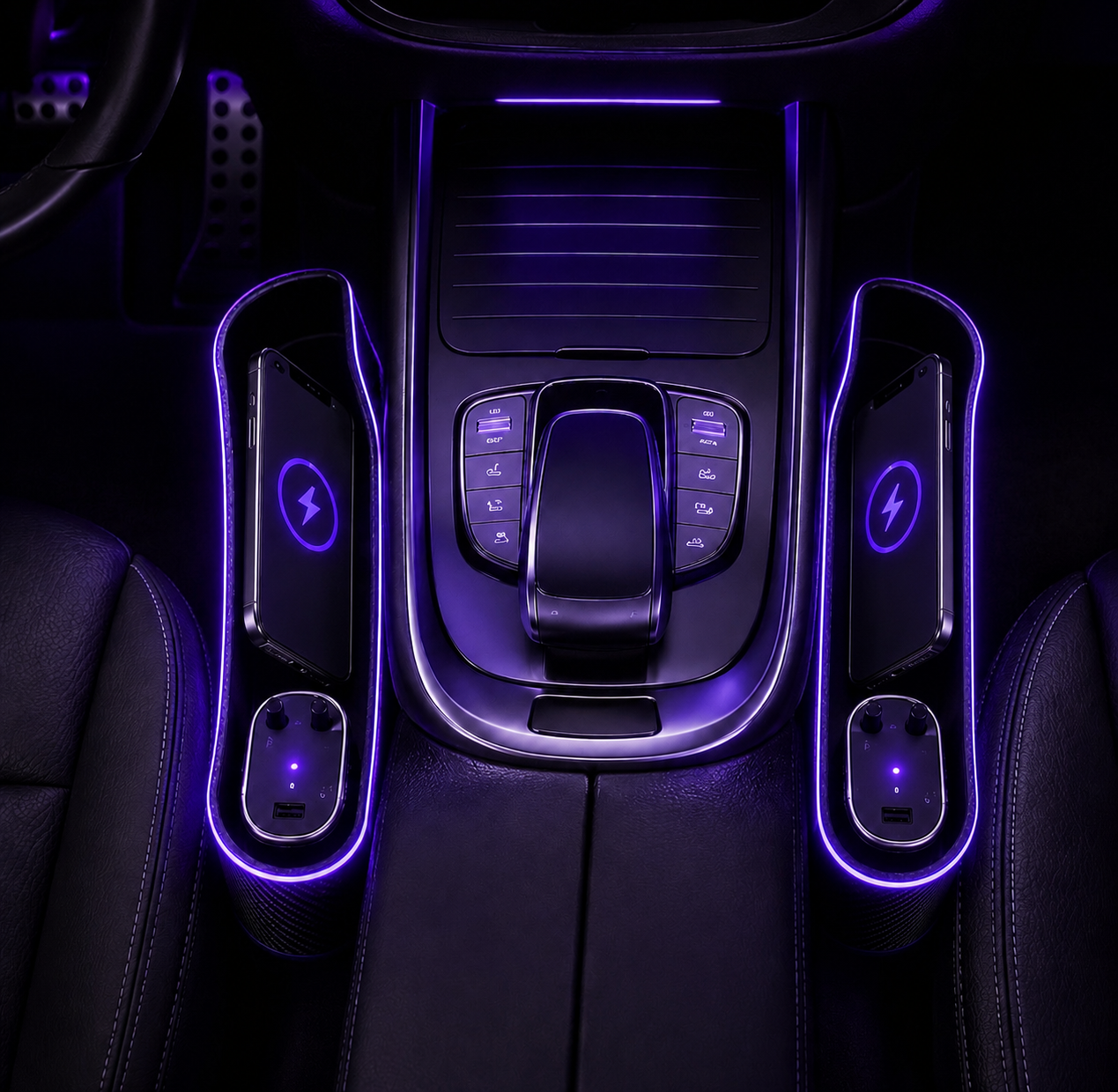 Organizador Premium de espacio entre asientos de coche con Carga Inalámbrica y Cable de Carga Rápida USB-C